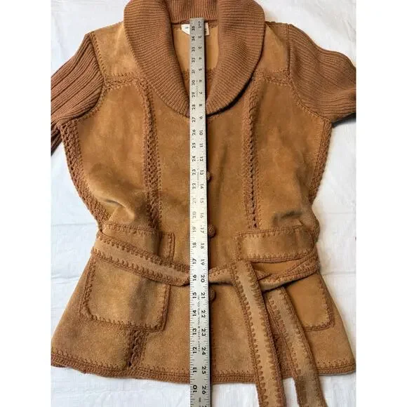 Vtg 1970's Belted Suede Knit Pieced Leather Crochet Cardigan Jacket Sz M *READ - Picture 9 of 11